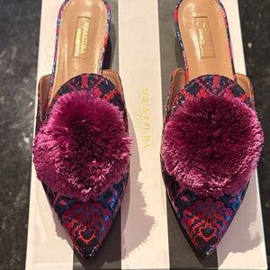 Aquazzura magenta brocade Powder puff Mules 39.5